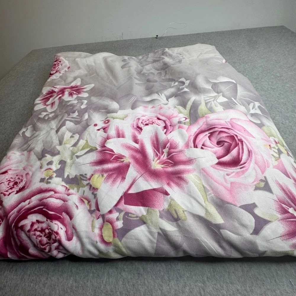 Queen‎ Duvet Cover Floral Gray Pink Roses Lilies Decorative Luxury Bedding